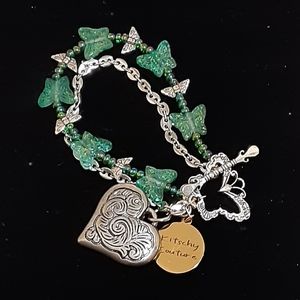 One of a kind green glass beads and silver tone artisan bracelet